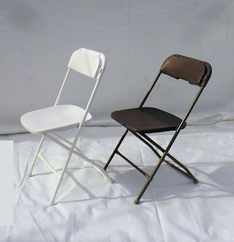 One white and one brown folding chairs