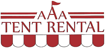 AAA Tent Rental in red text and a tent roof fringe graphic